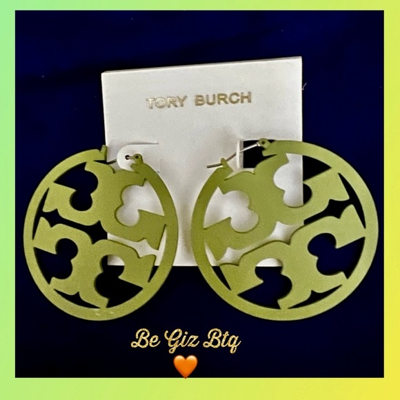 đTory Burch Authentic Military Green Double T Matte Painted Large Hoop Earrings - Picture 1 of 9